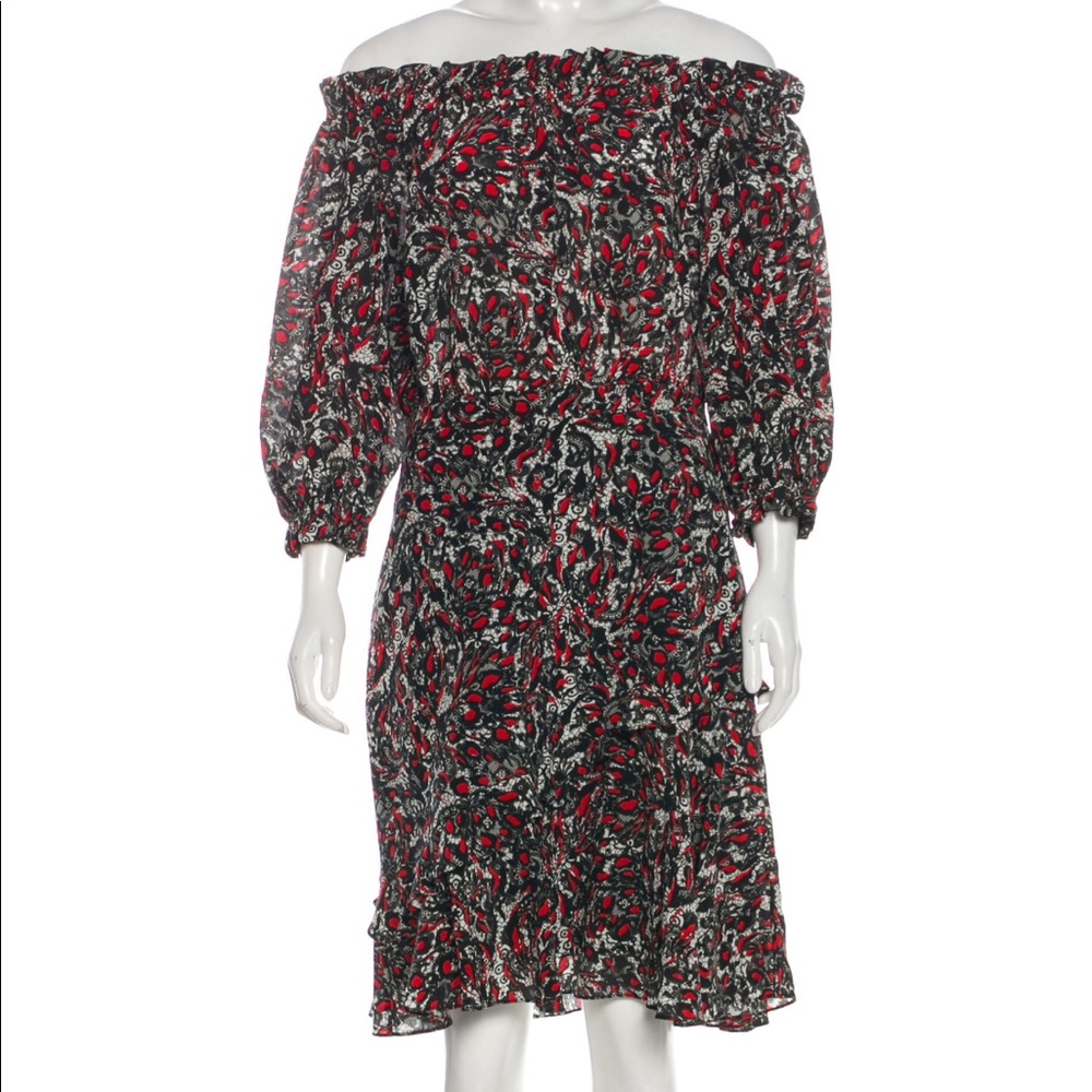 Saloni Red Black Floral Off the Shoulder Dress 8